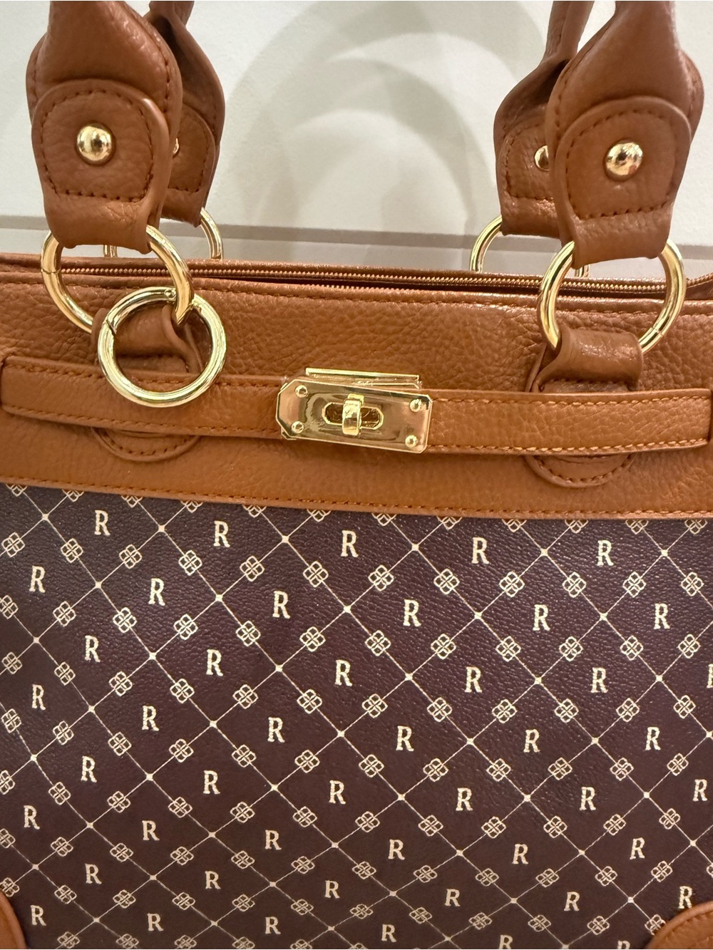 The Danbury Mint Monogram Structured Satchel Brown Faux Leather Top Handle Cross - Picture 6 of 9